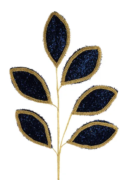 28"L Vglitter/Lace Leaf Spray x 6 Leaves-Navy Blue/Gold-XS249967