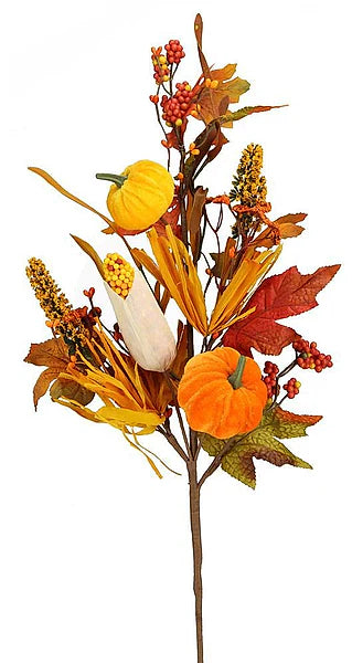 28"L PUMPKIN/CORN/MAPLE LEAF SPRAY- ORANGE/YELLOW/MOSS- HA1415