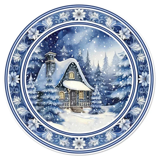 12"Dia Metal Winter Cabin Scene Sign-Blue/White-MD1678