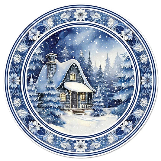 12"DIA METAL WINTER CABIN SCENE SIGN- BLUE/WHITE- MD1678