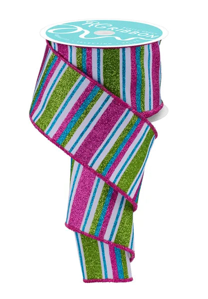 2.5" x 10yd Horizontal Stripe-White/Lime/Hot Pink/Turq-RGF1913A2