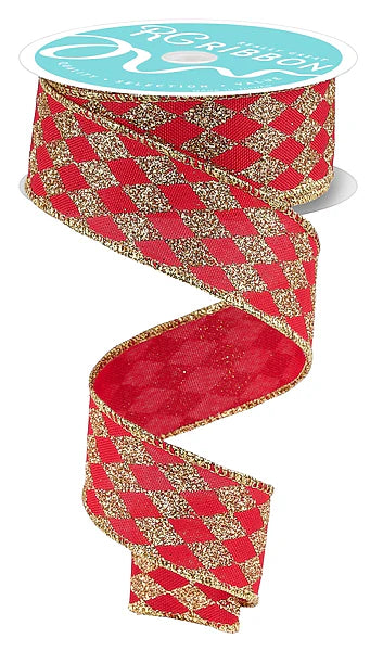 1.5"X10YD GLITTER HARLEQUIN- RED/GOLD- RGH144036