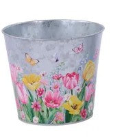 5"DIA FLOWERS TIN POT COVER- GALVANIZED/PINK/PRPL/YLW -KE2914