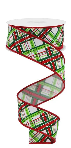 1.5" x 10yd Diagonal Dash Plaid-Wht/Lme/Emrld/Red-RGE184933