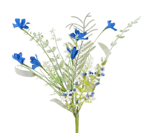 12"L FABRIC FLOWER/EVA LEAF/BEADS BUSH-BLUE/OFF WHITE-FH812571