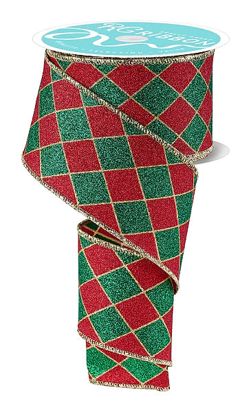 2.5"X10YD GLITTER HARLEQUIN- GOLD/RED/EMERALD- RGH14224W