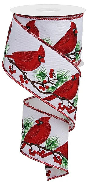 2.5"X10YD CARDINALS ON TREE BRANCH- WHT/BRN/BLK/RED/GRN- RGE109927