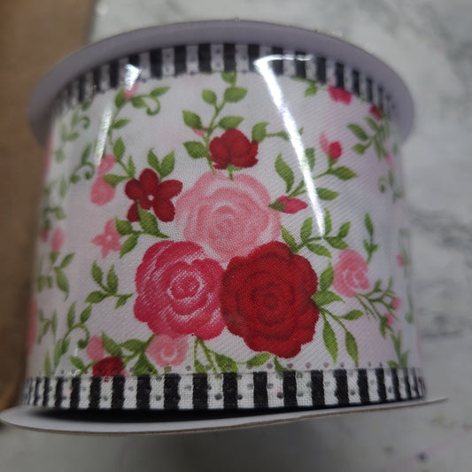 2.5"X10yd spring floral rose striped edge ribbon