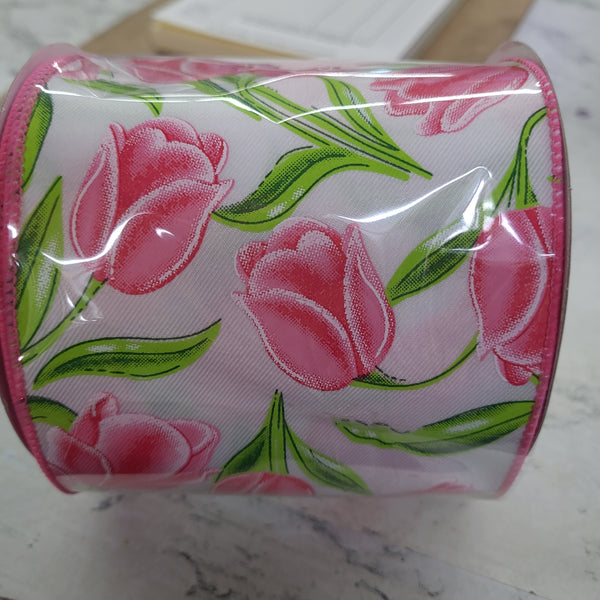 4" x 10 yards pink tulip ribbon