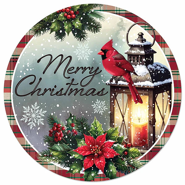 12"DIA "MERRY CHRISTMAS" W/CARDINAL SIGN- RED/GREEN/BLUE GREY- MD1898