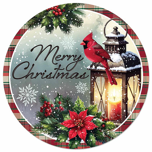 12"DIA "MERRY CHRISTMAS" W/CARDINAL SIGN- RED/GREEN/BLUE GREY- MD1898