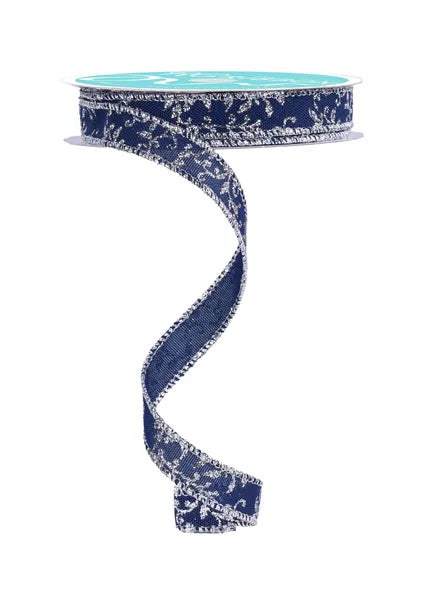 5/8" x 10yd Glitter Mini Leaf Vines-Navy Blue/Silver-RGF1394T1