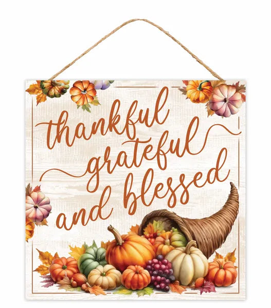 10"Sq Thankful Grateful And Blessed Sign-Cream/Orange/Brown-AP7418C4