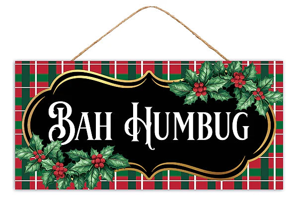 12.5"L X 6"H BAH HUMBUG PLAID SIGN- BLACK/WHT/GOLD/RED/EMRLD- AP8613