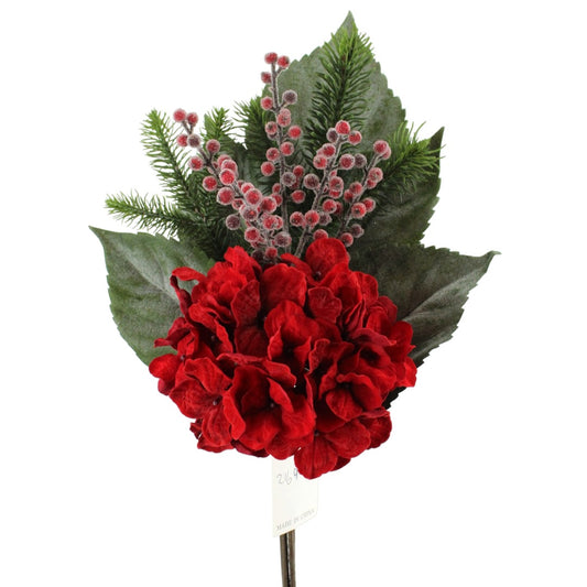 19" RED GREEN HYDRANGEA BERRY PINE BUSH - 216920