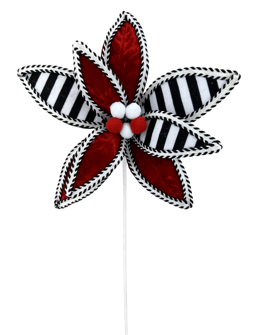 Stripe Poinsettia Stem H22xDIA11-Red/Black/White-86280RDBKWT