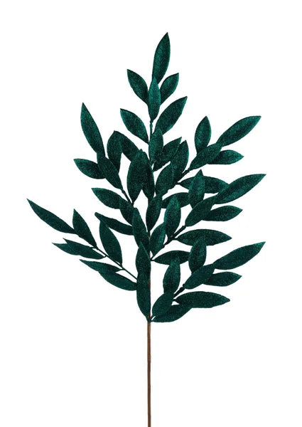 32"L Glitter Bay Leaf Spray-Hunter Green-XS235312