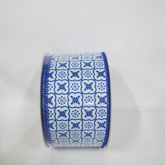 GEO PATTERN RIBBON 2.5""X10YD - BLUE WHITE - 223132