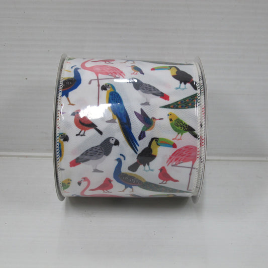 BIRDS RIBBON 4""X10YD - WHITE MULTI - 223152