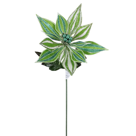 24" GREEN WHITE GLITTER STRIPE POINSETTIA STEM - 226178