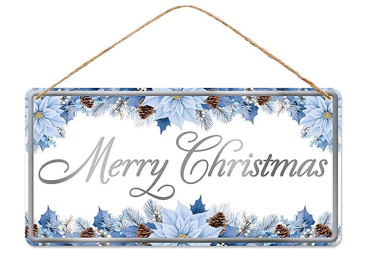 12"L X 6"H CHRISTMAS W/POINSETTIAS SIGN- CREAM/BLUE/SILVER- MD1824F3