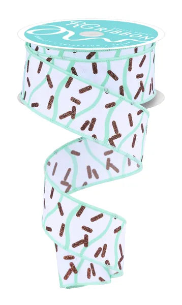 1.5" x 10yd Wavy Stripe W/Sprinkles-White/Mint Green/Brown-RGH101227