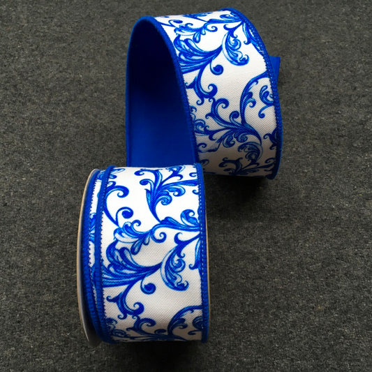 ACANTHUS PRINT DUPION RIBBON 2.5"X10YD - BLUE WHITE - 249658