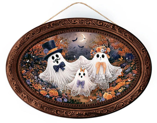 13"L X 9"H GHOST FAMILY PORTRAIT SIGN- WHITE/ORANGE/BLACK- AP7472M3