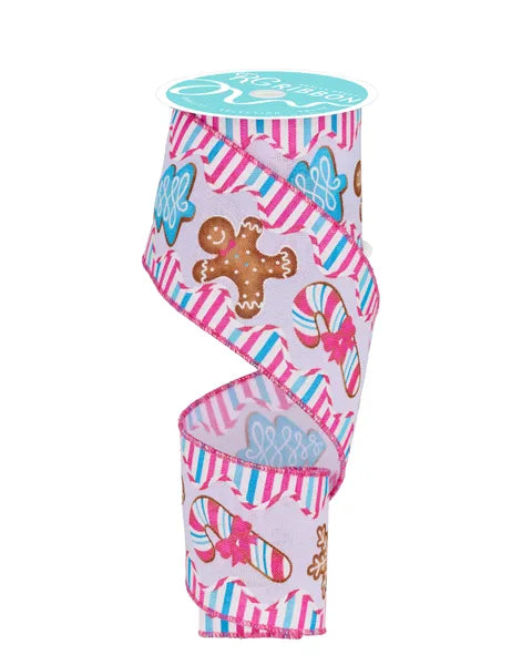 2.5" x 10yd Gingerbread/Candy/Tree-White/Pink/Blue- RGF1418WT