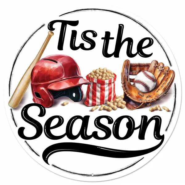12"DIA TIS THE SEASON BASEBALL SIGN-BLACK/WHITE/RED/BROWN-MD173969
