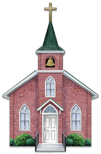 14"H X 9"L METAL/EMBOSSED BRICK CHURCH- BRICK/WHITE/GREEN- MD1812M4