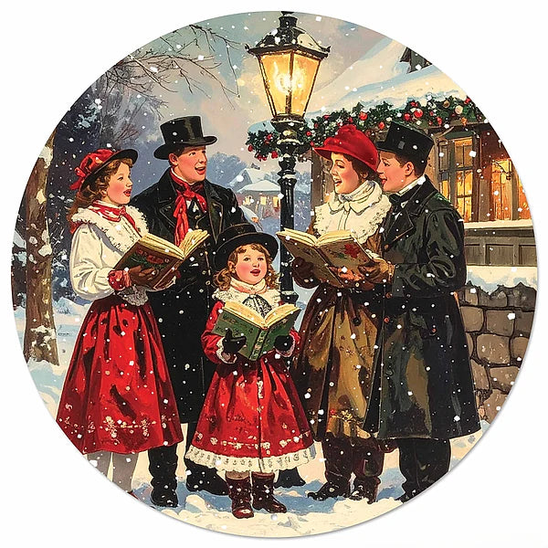 12"DIA METAL CHRISTMAS CAROLERS SIGN- BACK/RED/WHITE/BROWN/BLUE- MD1797