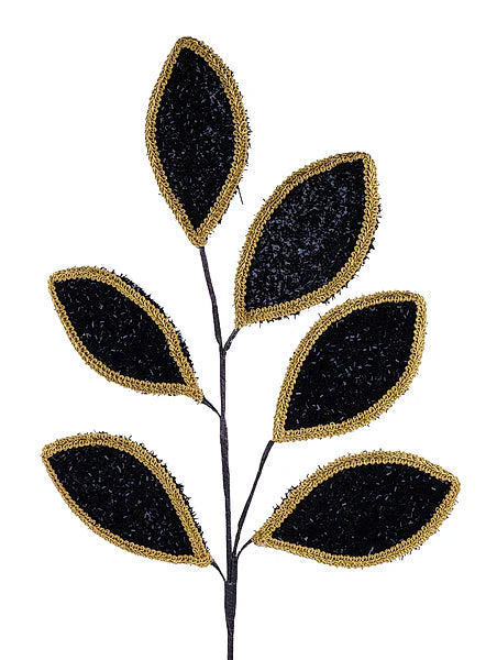 28"L VGLITTER/LACE LEAF SPRAY, X6 LEAVES- BLACK/GOLD- XS249902