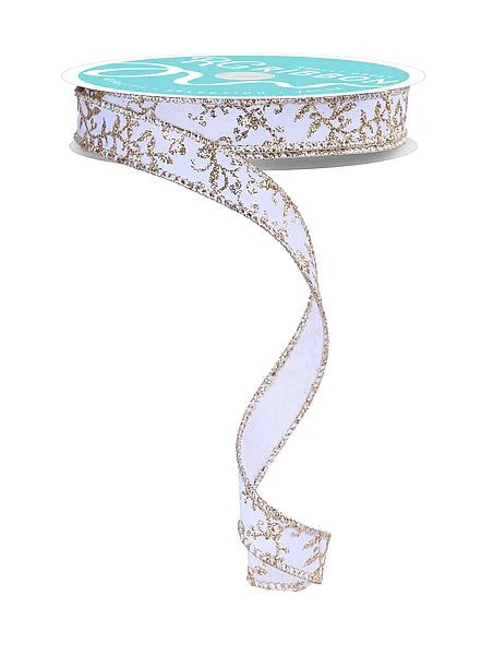 5/8"X10YD GLITTER MINI LEAF VINES- WHITE/GOLD- RGF1393C6