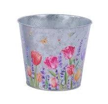 5"DIA FLOWERS TIN POT COVER- GALVANIZED/PINK/PRPL/YLW -KE2914
