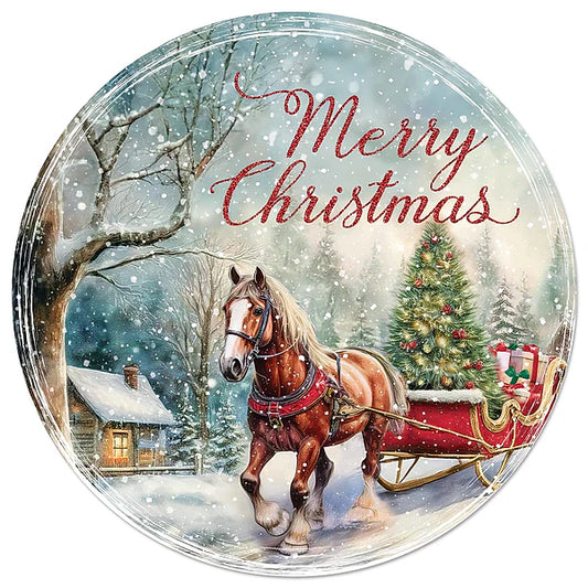 12"DIA MERRY CHRISTMAS/HORSE/SLEIGH SIGN- RED/BLUE/WHITE/GREEN- MD167524