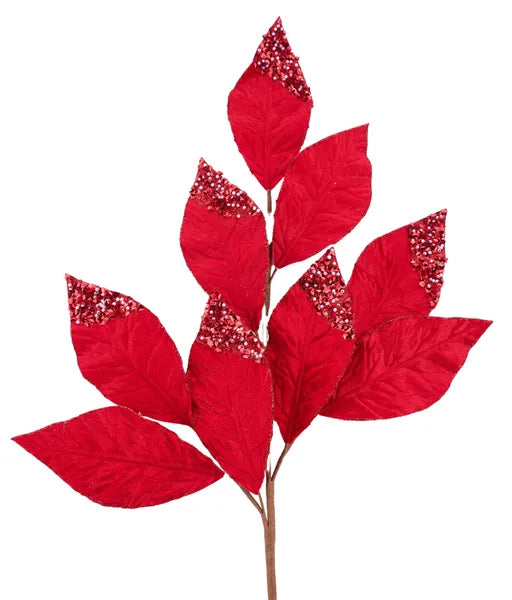 31.5"L Pressed Velvet/Glitter Leaf Spray-Red-XS234424