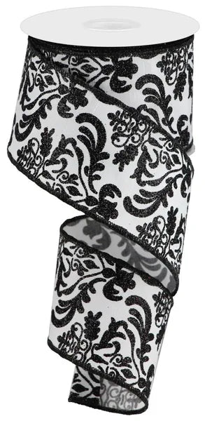 2.5" x 10yd Bold Damask/Faux Dupioni-White/Black-RGB1325X6