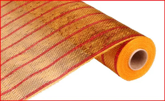 21" x 10yd Deluxe Metallic Stripe Deco Poly Mesh-Wide Gold/Thin Laser Red-RE1033G6
