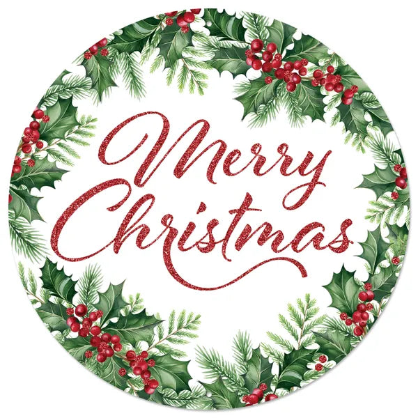 12"Dia Merry Christmas/Holly Sign-White/Red/Green-MD167424