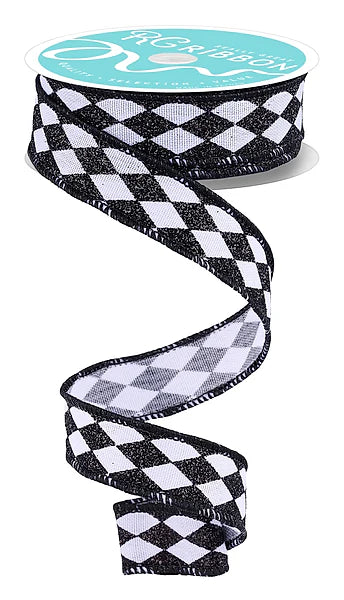 7/8"X10YD GLITTER HARLEQUIN- WHITE/BLACK- RGH7440L6