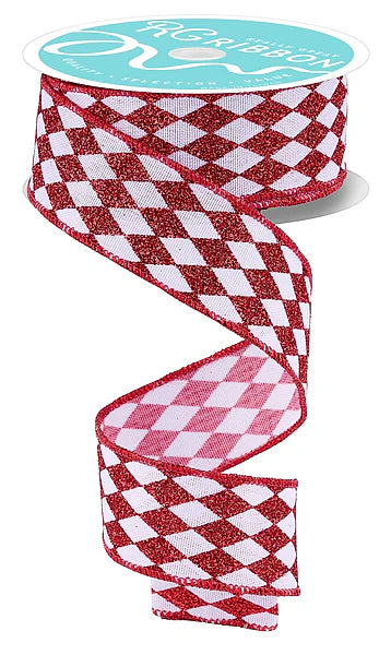 1.5"X10YD GLITTER HARLEQUIN- WHITE/RED- RGH144067