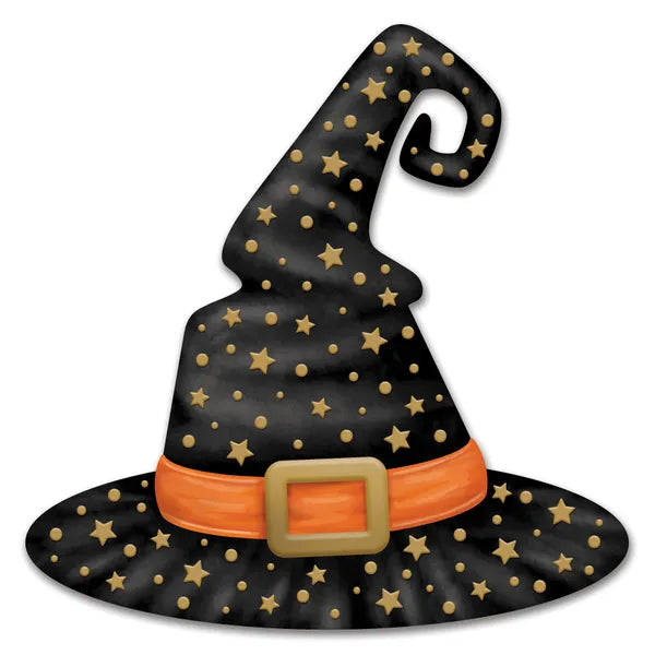 12"HX12"L METAL/EMBOSSED STAR WITCH HAT-BLACK/ORANGE/GOLD-MD1705J7