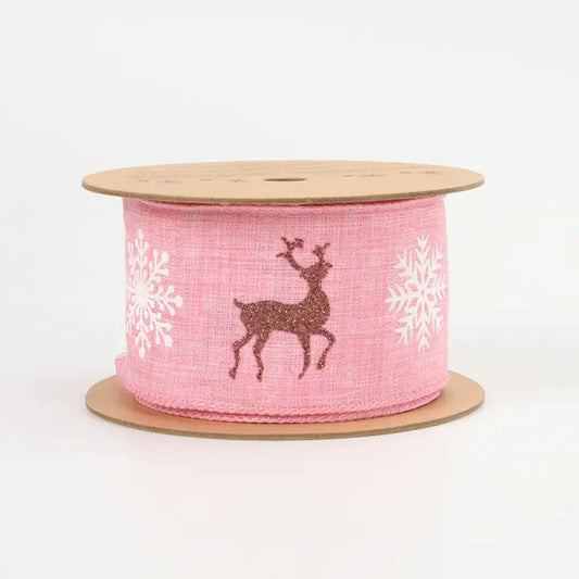 2 1/2" X 10 YDS Holiday Wired Ribbon "Reindeer/Tree"-PINK/NATURAL-WR-10286-063-10