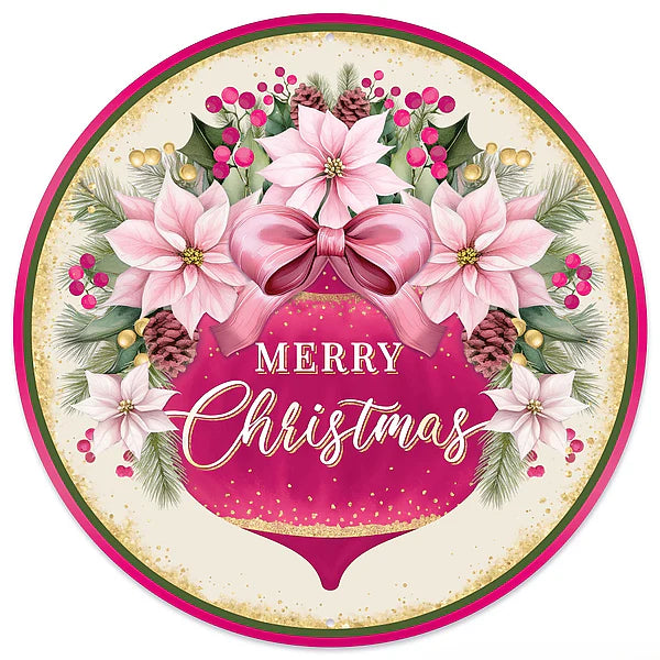 12"DIA METAL MERRY CHRISTMAS W/ORN SIGN- PINK/RED/GREEN/GOLD- MD1819J1