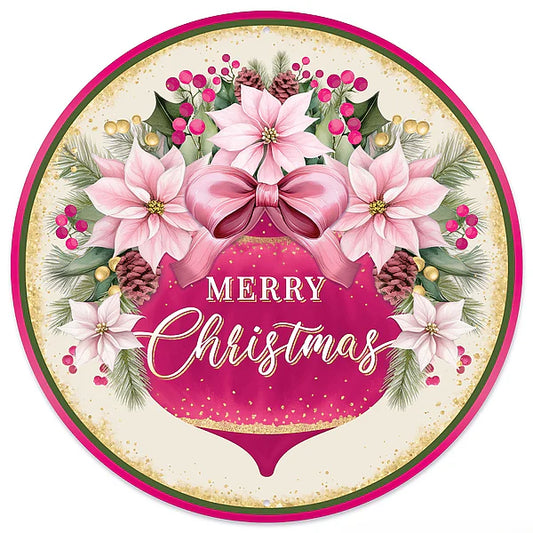 12"DIA METAL MERRY CHRISTMAS W/ORN SIGN- PINK/RED/GREEN/GOLD- MD1819J1