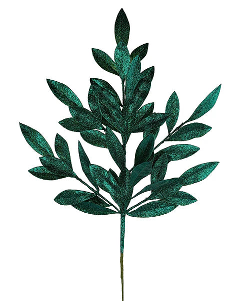 23"L GLITTER BAY LEAF SPRAY- HUNTER GREEN- XS237012