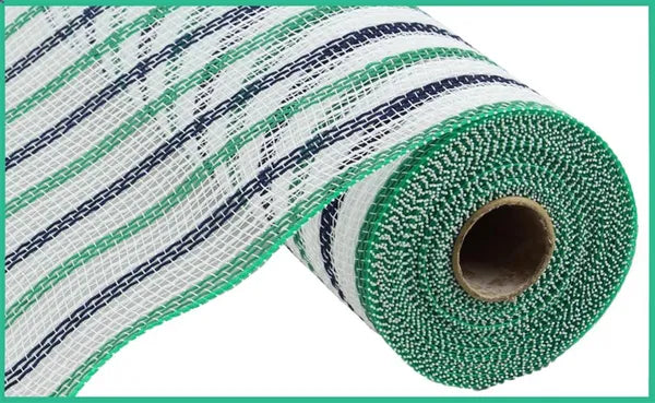 10.25" x 10yd Faux Jute Stripe Mesh-White/Emerald/Navy-RY8338CC