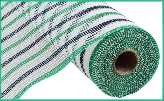 10.25" x 10yd Faux Jute Stripe Mesh-White/Emerald/Navy-RY8338CC