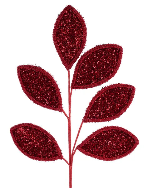 28"L Vglitter/Lace Leaf Spray, x 6 Leaves-Red-XS249924
